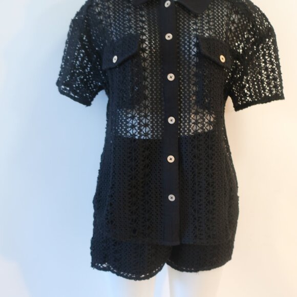 NWT Benaar LA Jeiley Black 2Pc Set Crochet Gauzy Contrast Collared Top Short M C - Picture 9 of 16